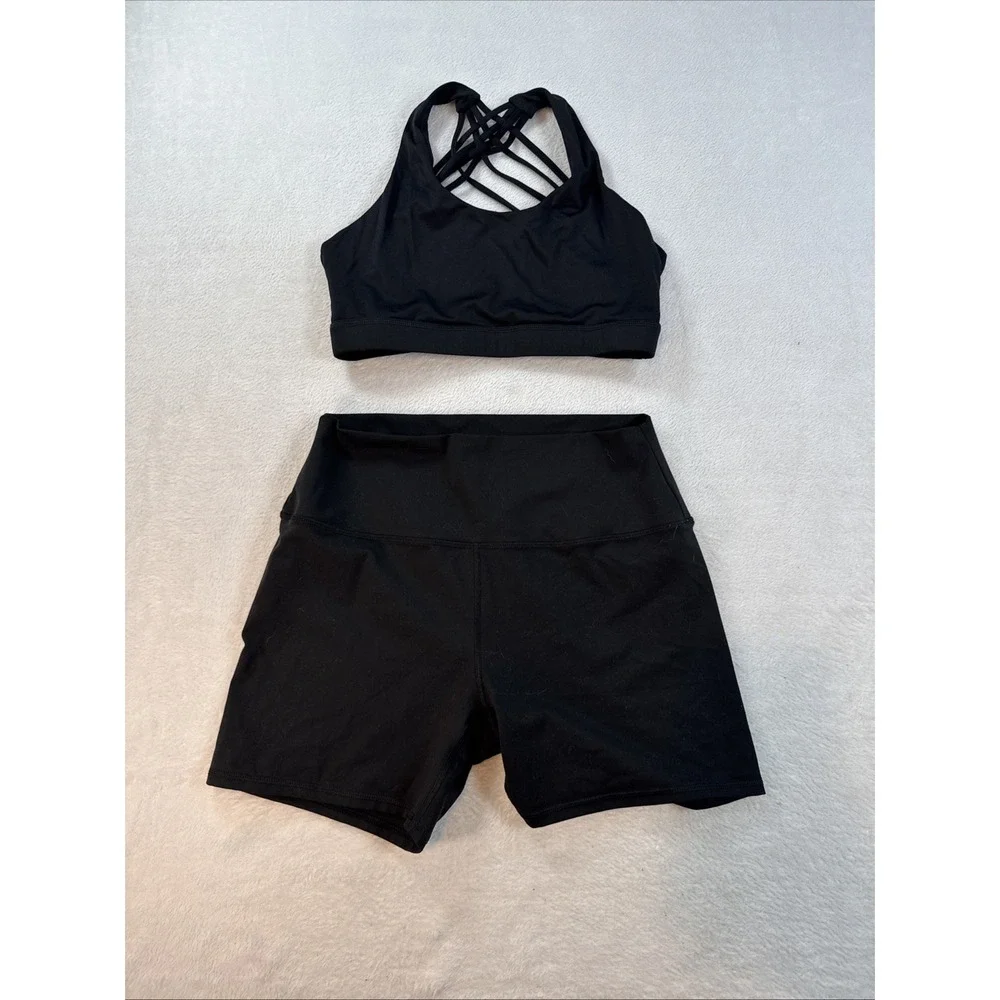 Gym‎ Bike Yoga Set Shorts +Cross Sport Bra Tracksuit Athletic Black Large